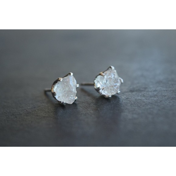 Sterling silver stud earrings, alternative diamond, uncut natural gemsto… - Picture 1 of 5